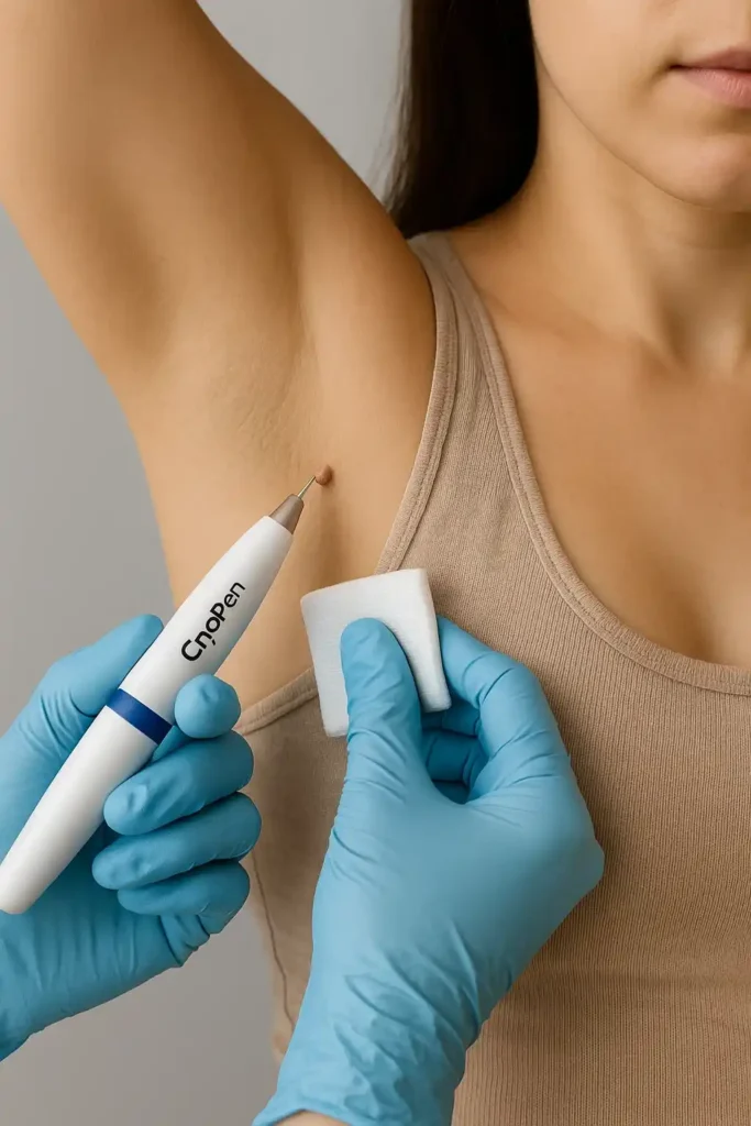 woman having cryopen to remove underarm skin tags Solihull