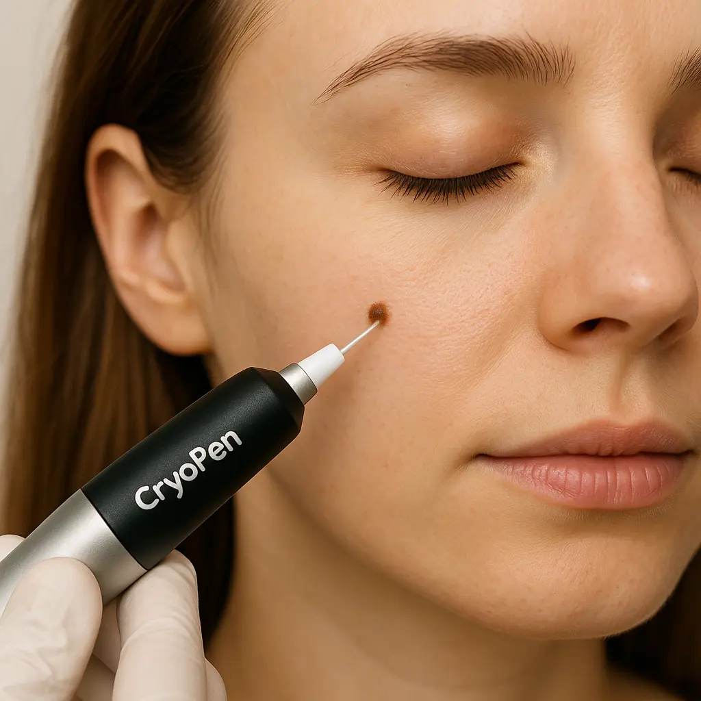 woman receiving facial mole removal Solihull using cryopen