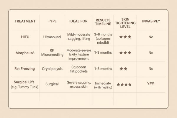 Table showing the comparisons of Skin tightening Solihull treatment options.